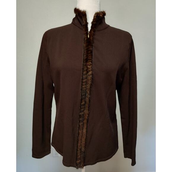 My Favorite Things Colleen Lopez Brown Mink Trim Zip Front Sweater Jacket Size M - Picture 1 of 9